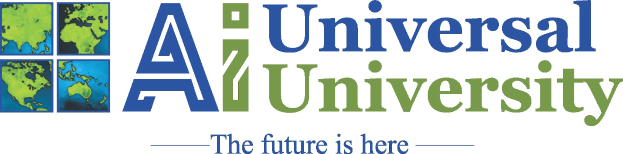 Das Logo der Universal University mit dem Text "Die Zukunft ist hier" darunter, das einen blauen Kreis, einen weißen Stern und einen weißen Ring mit blauer Schrift zeigt.