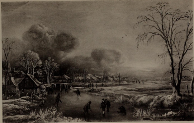 Schwarze und weiße Zeichnung einer winterlichen Landschaft mit Menschen, die auf einem zugefrorenen Fluss Schlittschuh laufen, umgeben von Bäumen, Häusern, Pflanzen und Wolken am Himmel, mit Text unten.