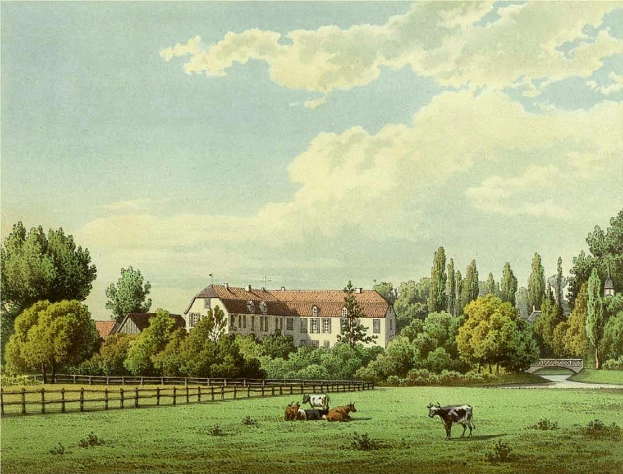 Gemälde von Kühen, die auf einer Wiese mit einem Holzzaun, Bäumen, Gebäuden, einer Brücke und einem bewölkten Himmel grasen, mit der Aufschrift 'Kühe auf der Weide in Wiesbaden, Deutschland' unten.