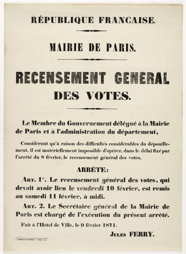 Altes französisches Plakat mit der Aufschrift "Recensement General des Votes" für ein allgemeines Wahl-Dokument.