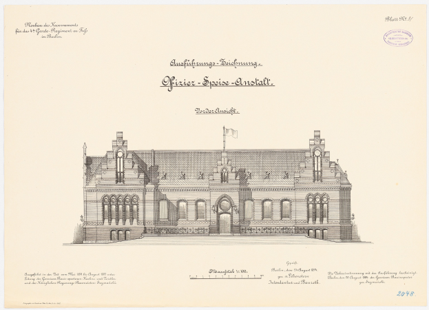 Zeichnung des Hauptsaals des Deutschen Bundestages in Berlin, Deutschland, mit einer Flagge oben und begleitendem Text.