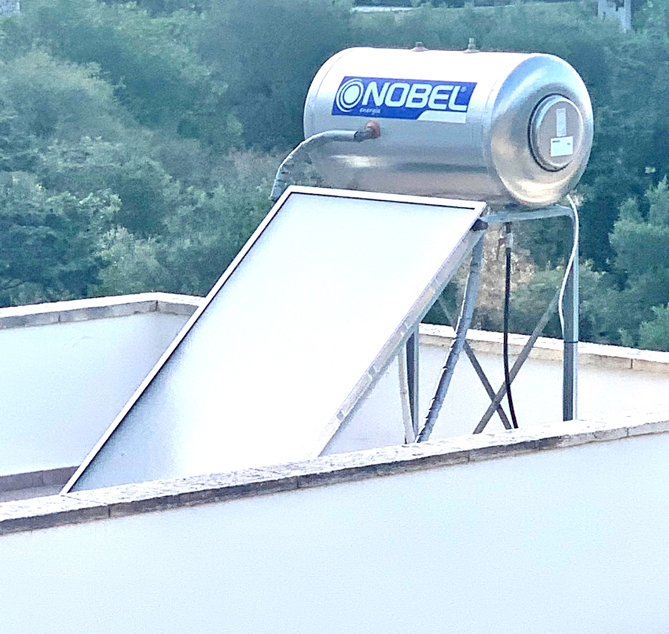 Solarwassererwärmer mit einem auf dem Dach eines Gebäudes montierten Speicher, vor einem Baumwipfel-Hintergrund.