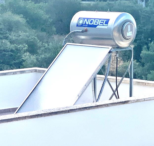 Solarwassererwärmer mit einem auf dem Dach eines Gebäudes montierten Speicher, vor einem Baumwipfel-Hintergrund.