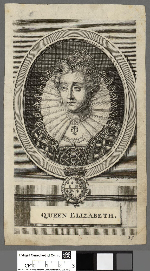 Porträt der Queen Elizabeth I. von England in königlicher Kleidung mit einer Krone und Tiara, ihre Haare zu einem Dutt gebunden, vor einem grauen Hintergrund, schaut zur Seite mit einem würdevollen Ausdruck.