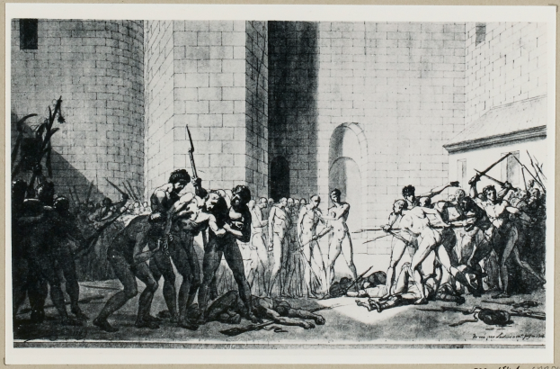 Eine Schwarz-Weiß-Zeichnung einer Gruppe von Menschen in einem Gefängnis, einige halten Waffen, im Hintergrund eine Wand und ein Gebäude und Text unten.