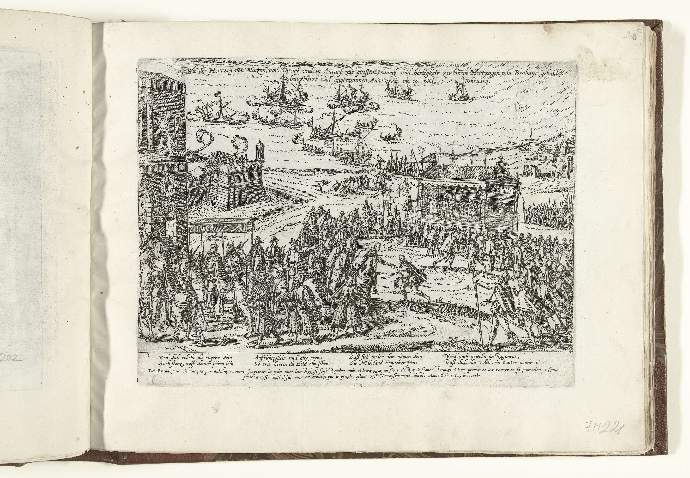 Offenes Buch mit einer Illustration einer Menge auf einer Text- und Bildseite, die gezeichneten Figuren scheinen lebhaft zu diskutieren.