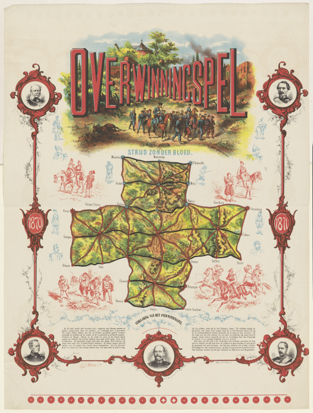 Bunte Karte von Overwiningspel, Deutschland, mit lachenden Menschen, Bäumen und markanten Sehenswürdigkeiten mit fetter Schrift.