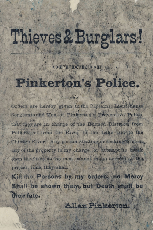 Ein Plakat mit fetter schwarzer Schrift, die 'Thieves & Burglars Pinkerton's Police' auf einem weißen Hintergrund liest