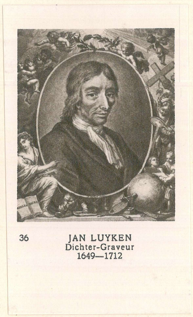 Ein Schwarz-Weiß-Porträt von Jan Luyken, einem deutschen Philosophen und Theologen, umgeben von einer Gruppe von Menschen, mit Text unten im Bild.