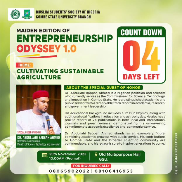 Plakat für die erste Auflage von "Entrepreneurship Odyssey 1.0: Kultivierung nachhaltiger Landwirtschaft", das eine Person in einem weißen Hemd zeigt, die ein Mikrofon hält und entschlossen aussieht.