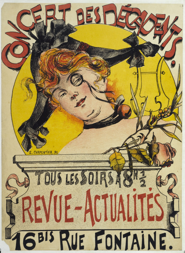 Ein Konzertplakat für die Decadents, das eine Frau mit einem menschlichen Gesicht und Text zeigt, der die Veranstaltungsinformationen enthält.