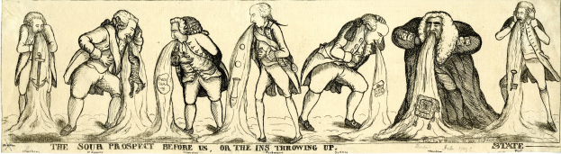 Eine Zeichnung einer Gruppe von besorgten Menschen, die zusammen stehen, mit dem Text "Die trübe Aussicht vor uns, oder die Ins werfen hoch" darüber.