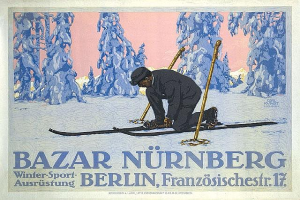 Ein Plakat für den Bazar Nürnberg Winter Sport in Berlin, Deutschland, das eine Person auf Skiern mit Skistöcken und einen Hintergrund mit Bäumen zeigt und Text, der das Ereignis beschreibt.