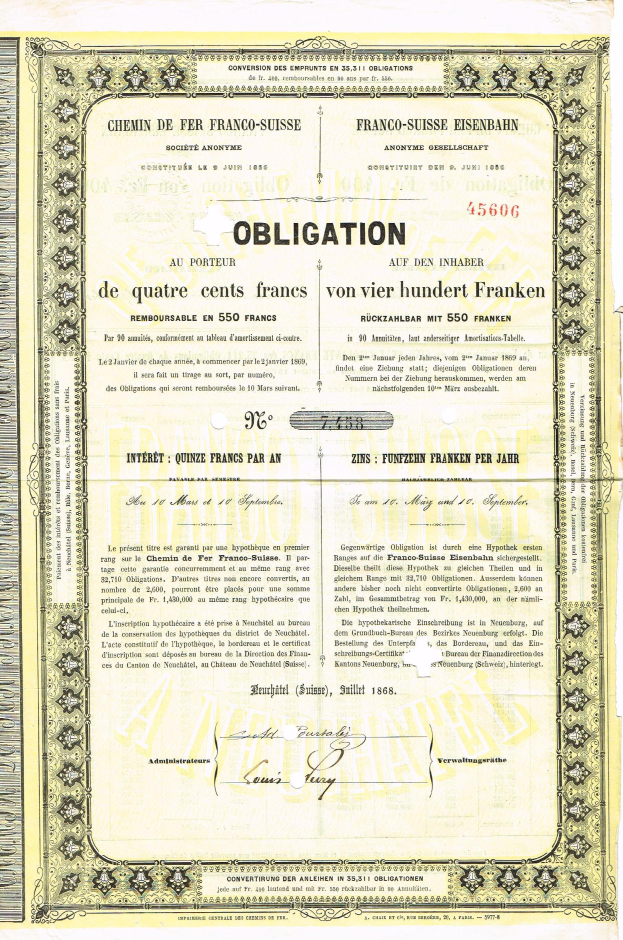 Ein altes französisches Regierungsaktienzertifikat zum Kauf von 500 Franken, mit Text und Zahlen.