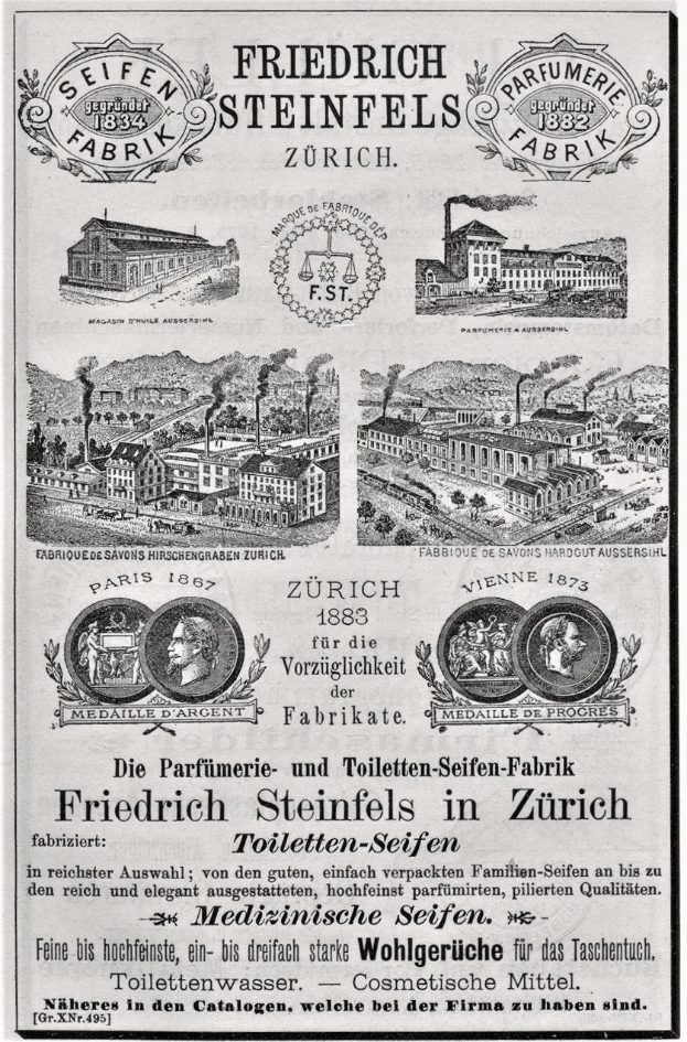 Schwarze-weiß-Werbung für Friedrich Steinfels in Zürich, zeigt Bilder von Gebäuden, Menschen und Text.