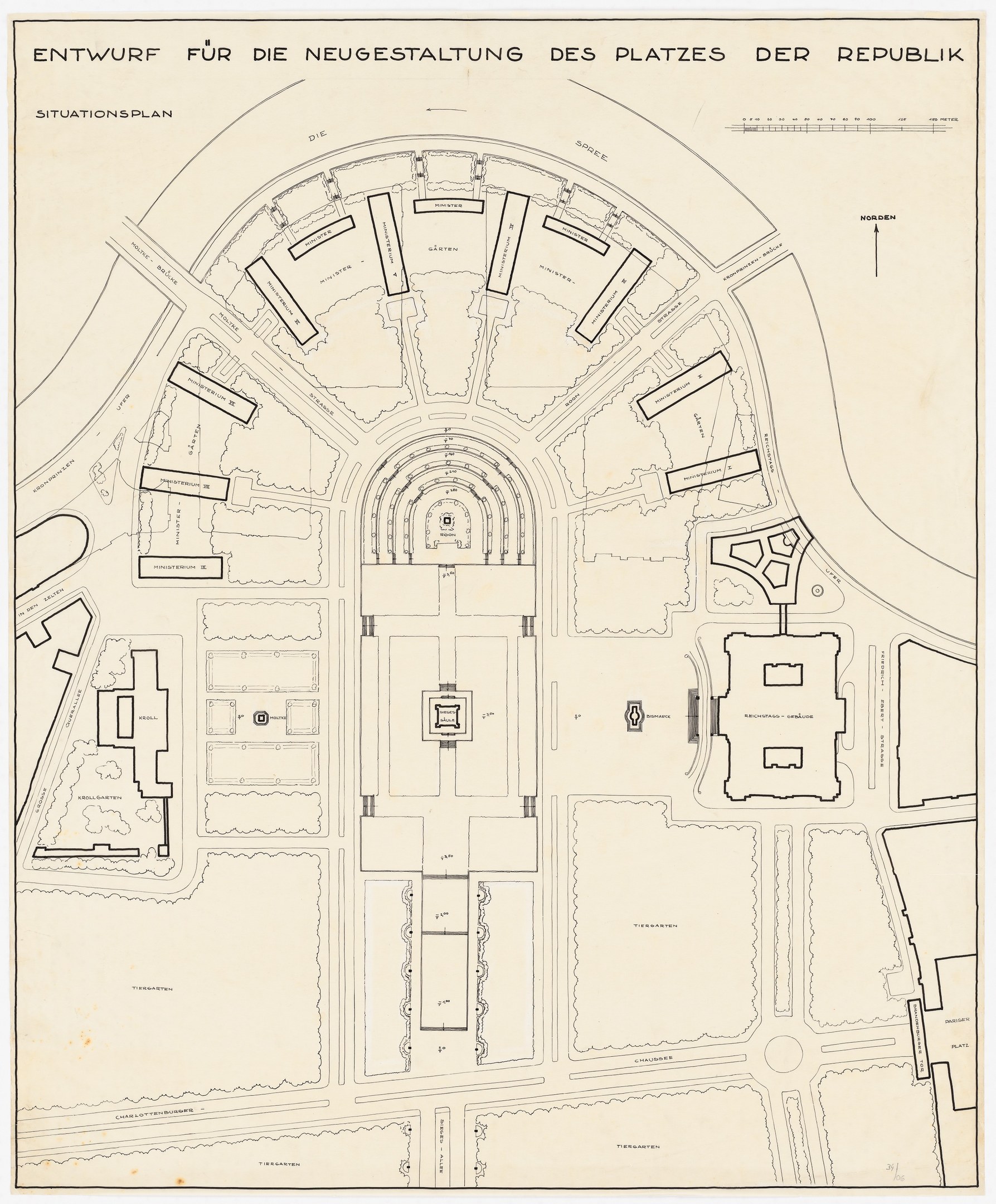 Ein detaillierter Stadtplan von Berlin, Deutschland, mit einer zentralen Illustration eines Gebäudes und einem Text, der die Stadtlayout und die umliegende Gegend beschreibt.