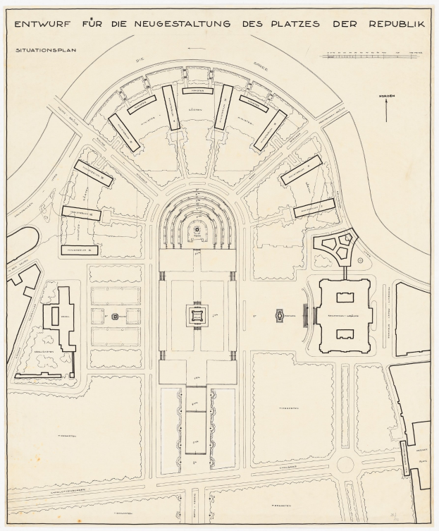 Ein detaillierter Stadtplan von Berlin, Deutschland, mit einer zentralen Illustration eines Gebäudes und einem Text, der die Stadtlayout und die umliegende Gegend beschreibt.