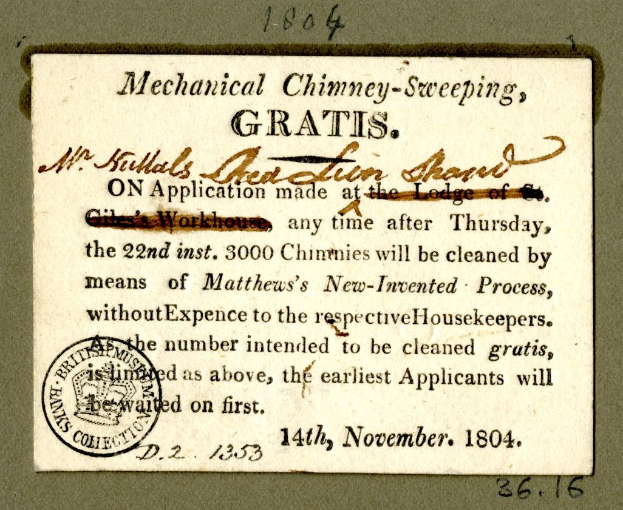 Papierdokument mit gedrucktem Text und einem roten Stempel mit der Aufschrift "Mechanische Kaminreinigung, Gratis".