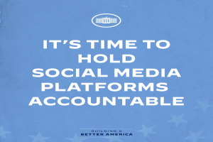 Plakat mit fettem schwarzem Text auf einem weißen Hintergrund, der "Es ist an der Zeit, soziale Medien-Plattformen zur Rechenschaft zu ziehen" liest, eingerahmt von einem schmalen schwarzen Rand.
