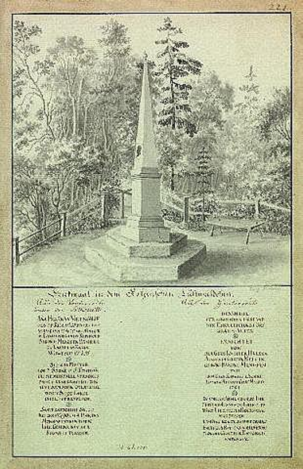 Ein altes Buch mit einer Zeichnung eines Denkmalmonuments in einem Park, umgeben von Bäumen und einem Zaun, gewidmet den Opfern des New Yorker Staatsgefängnisses mit eingravierter Inschrift.