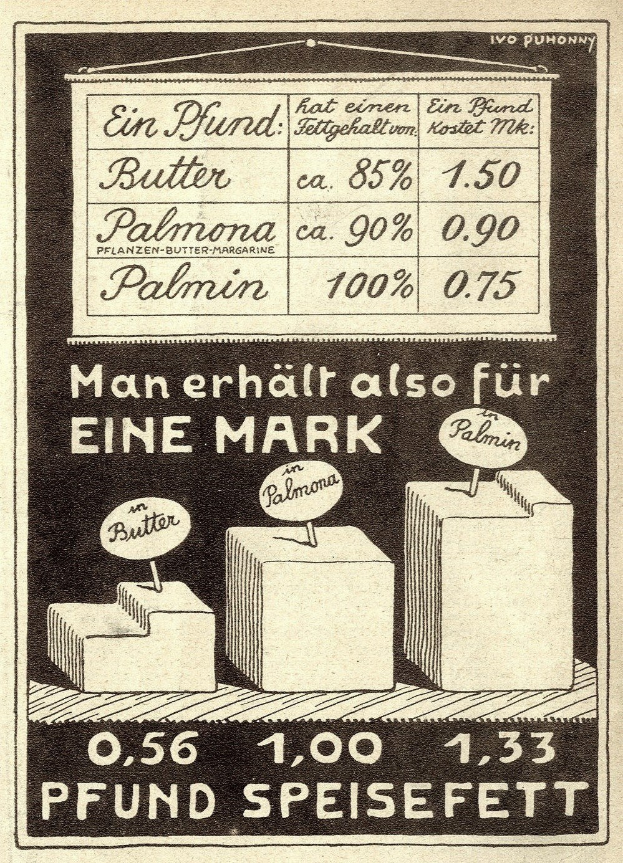 Schwarze und weiße Werbeplakat mit einer Zeichnung einer Butterdose, Text und Zahlen, die die Angebote eines Ladens bewerben.