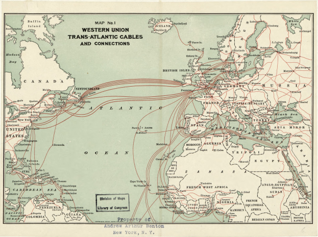 Eine detaillierte Karte der Western-Union-Transatlantischen-Kabel und -Verbindungen, die die Routen und wichtigen Punkte zwischen Ländern hervorhebt, mit fettem Text, der die Verbindungen beschreibt.