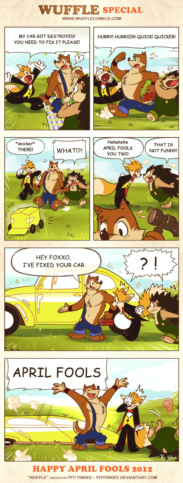 Comic-Strip-Plakat mit der Überschrift "April Fools", das einen Cartoon-Mann und -Frau in einem Gespräch vor einem hellblauen Himmel mit weißen Wolken zeigt, die Überschrift in fetter schwarzer Schrift.