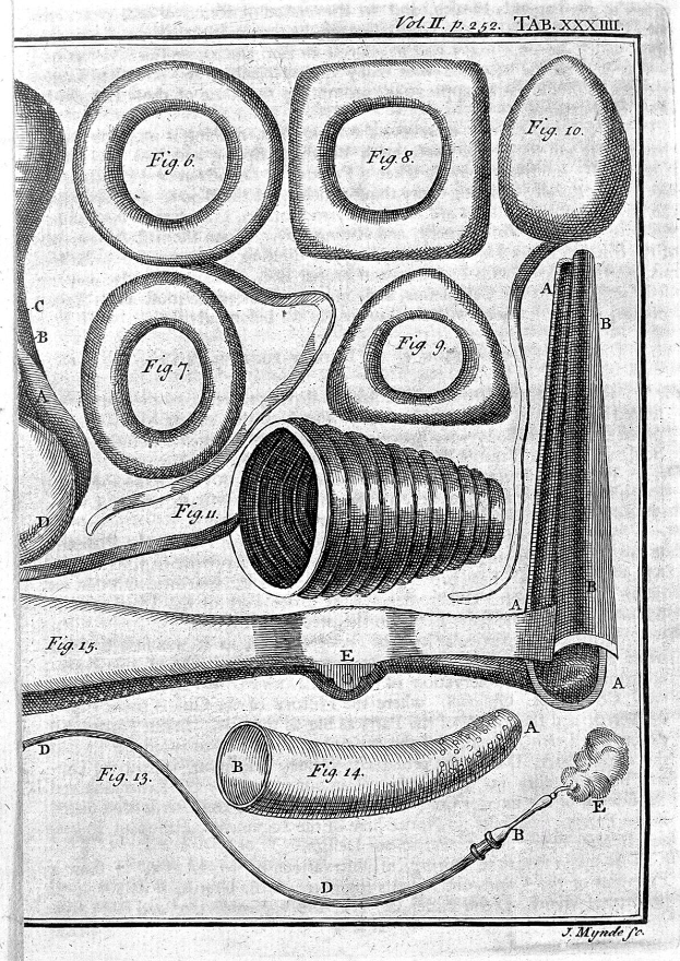 Schwarze und weiße Linienzeichnung eines zylinderförmigen, öhrstöpselartigen medizinischen Geräts mit einer Seitenschlaufe und einem angebrachten Schlauch.