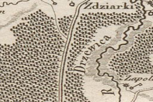 Ein detaillierter alter Stadtplan von Zdziarki, Polen, der Straßen, Gebäude, Sehenswürdigkeiten und Texte zeigt, die Informationen über die Bevölkerung, Straßen und Sehenswürdigkeiten bereitstellen.