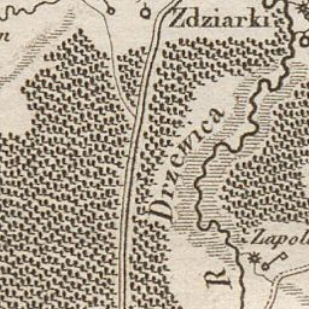 Ein detaillierter alter Stadtplan von Zdziarki, Polen, der Straßen, Gebäude, Sehenswürdigkeiten und Texte zeigt, die Informationen über die Bevölkerung, Straßen und Sehenswürdigkeiten bereitstellen.