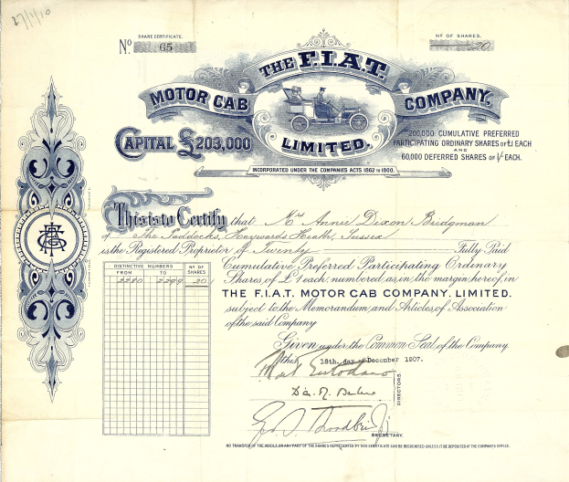Ein altes Aktienzertifikat der Flat Motor Cab Company mit gedrucktem Text und handgeschriebenen Zahlen.