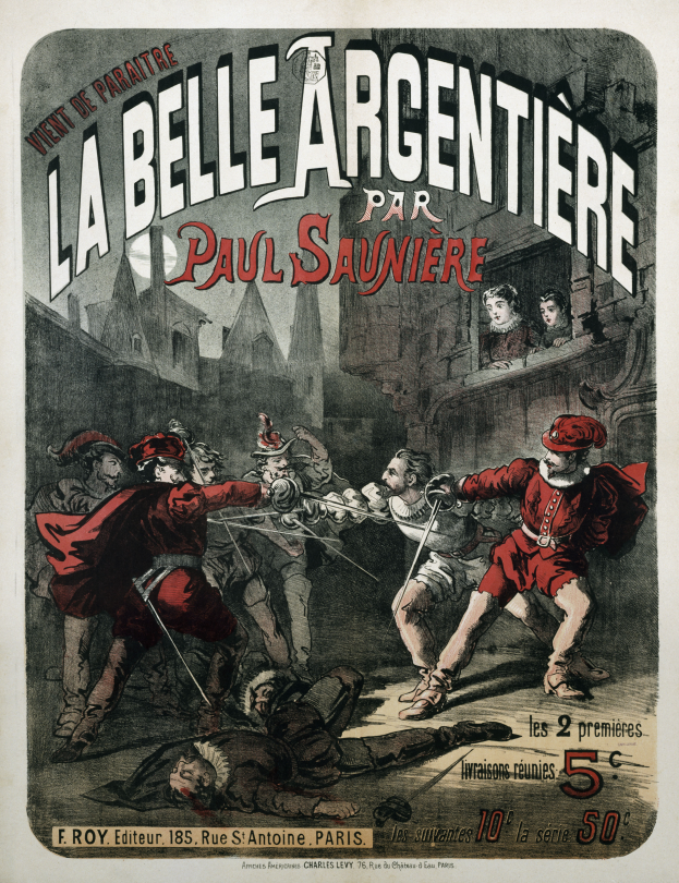 Ein altes Buch mit einer Illustration einer Gruppe von Menschen in einer hitzigen Diskussion, einige halten Schwerter, vor einer Stadtlandschaft mit höhen buildings und einem hellblauen Himmel, mit der Aufschrift "La Belle Argentiere par Paul Sauniere" oben.