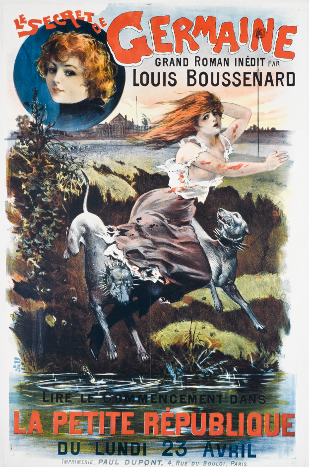 Ein französischer Filmplakat für "Das Geheimnis von Deutschland" mit einer Frau mit einem menschlichen Gesicht umgeben von Tieren, Pflanzen und Wasser mit Text darauf.