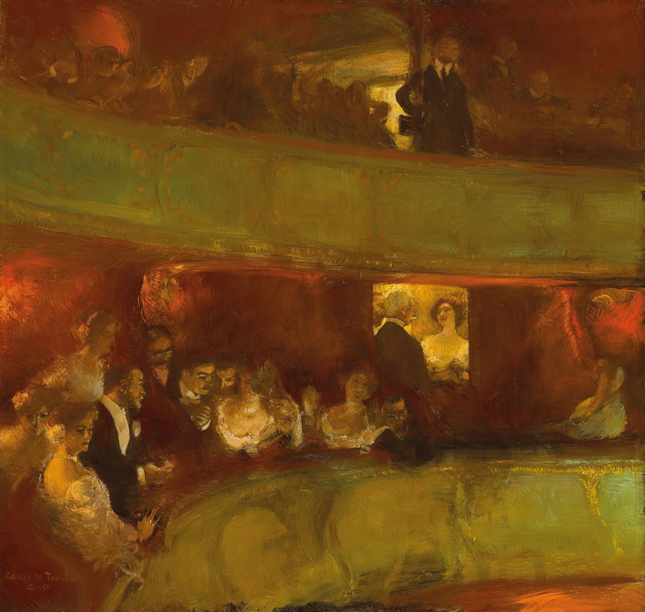 Gemälde einer lebendigen TheaterSzene mit einer vielfältigen Gruppe von formell gekleideten Menschen, einige stehend und einige sitzend, in einem hell erleuchteten Raum mit neutralfarbenen Wänden.