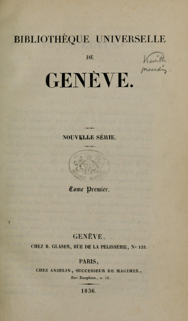 Altes Buch mit dem Titel "Bibliothèque Universitaire de Geneve" aufgeschlagen und zeigt Text im Inneren.