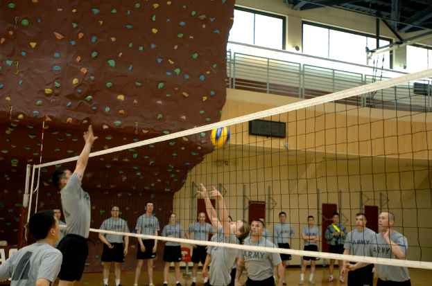 Menschen spielen Volleyball in einer Halle, mit einem Netz, einem Volleyball und Antennen, die sichtbar sind, tragen Kleidung, Socken und Schuhe, mit einem Zaun und Fenstern im Hintergrund.