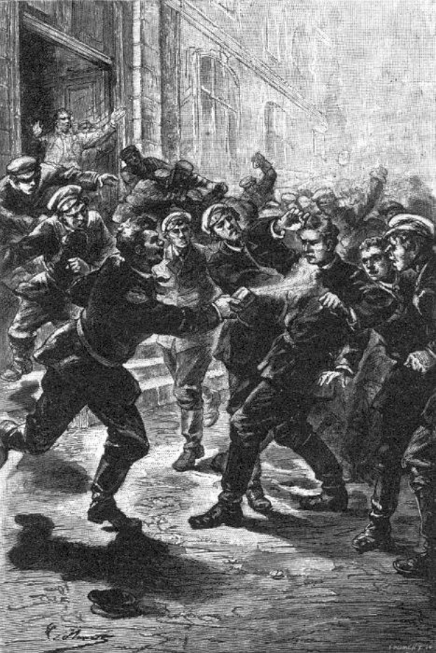 Schwarze und weiße Illustration einer gewalttätigen Straßenschlacht unter einer Gruppe von Männern, mit einem Gebäude im Hintergrund und der Beschriftung "Victorian riots in London, England" unten.