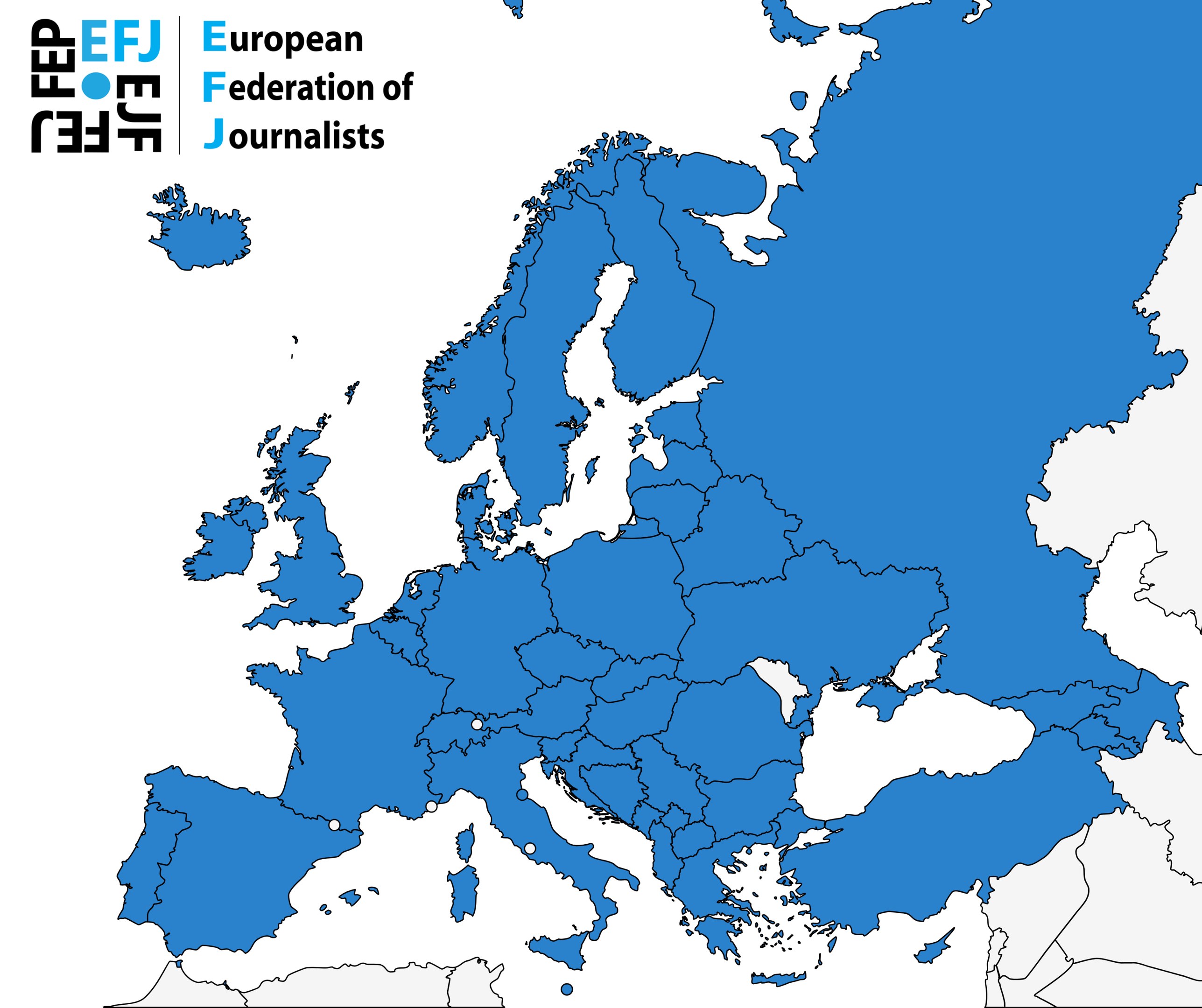 Eine Karte von Europa, die die Europäische Journalisten-Föderation (EFJ) in Blau hervorhebt, mit zusätzlichen Textdetails.