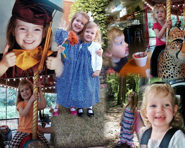 Collage mit lustigen Fahrgeschäften, Kindern an einem Tisch mit Speisen, Besteck, umgeben von Grün, und dekorativen Elementen wie Lichtern und einem Hut.