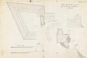 Eine Seite aus einem Buch mit einer detaillierten Zeichnung einer Ecke und eines Lochs, die als Plan des Opernhauses von 1845 gilt, begleitet von Text, der die Architektur des Theaters beschreibt.