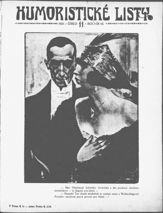 Schwarze und weiße Zeitschriftentitel 'Humoristische Liste' mit einem Mann im Anzug mit ernstem Gesichtsausdruck und einer Frau, die leicht schmunzelnd wegsieht.