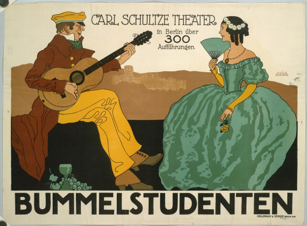 Plakatankündigung für ein Konzert im Carl-Schulze-Theater in Berlin, Deutschland, mit einem Mann, der eine Gitarre spielt und einer Frau, die ein Fächer hält, sowie Text auf dem Plakat.