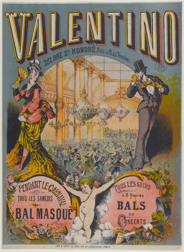 Plakat für eine Valentinstagsparty in Paris mit einer Gruppe von Menschen in bunten Kostümen, einem Kronleuchter und einem Gebäude mit der Aufschrift "Valentino Bal Masque" oben drauf.
