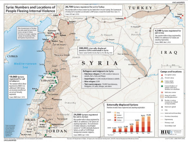 Ein Plakat mit einer Karte von Syrien, Datenvisualisierungen und Text über Menschen, die durch innere Gewalt vertrieben wurden.