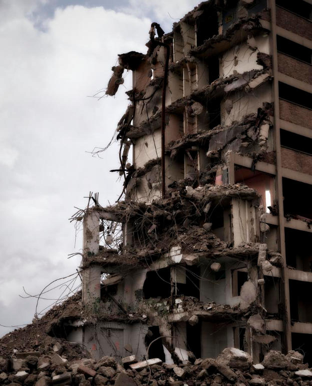 Ein eingestürztes Gebäude mit einem bewölkten Himmel im Hintergrund.