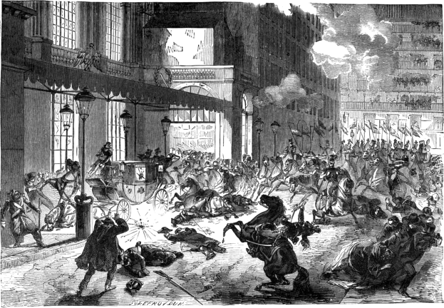 Schwarze und weiße chaotische Stadtstraßenszene mit berittenen Reitern im Vordergrund, horse-drawn carriage hinten, Gebäuden, Straßenlaternen, Rauch und Text unten.