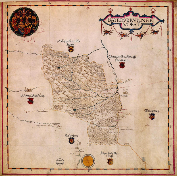 Eine Karte von Bayern aus dem 15. Jahrhundert, die geographische Merkmale wie Flusse, Gebirge und St├Ądte zeigt, begleitet von informativen Texten und Logos.