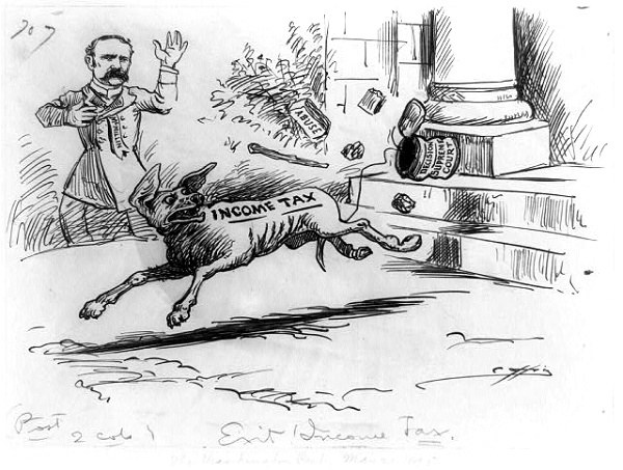 Cartoon eines Mannes, der vor einem Hund wegrennt, der mit 'Einkommensteuer' beschriftet ist, mit verstreuten Gegenständen im Hintergrund.