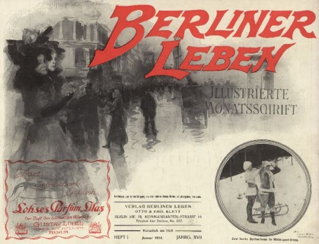 Umschlag eines alten Buches mit dem Titel "Berliner Leben" mit einer Illustration von Menschen in traditioneller deutscher Tracht, wahrscheinlich darstellend Berlins kulturelle Geschichte.