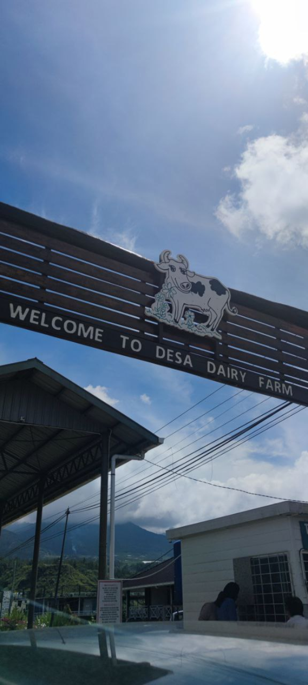 Ein Willkommensschild am Eingang eines Milchhofs, mit einem Schuppen links, einer Tafel mit einem Kuhbild und Text sowie einigen Menschen im Vordergrund, mit Bäumen, Bergen und Wolken im Hintergrund.